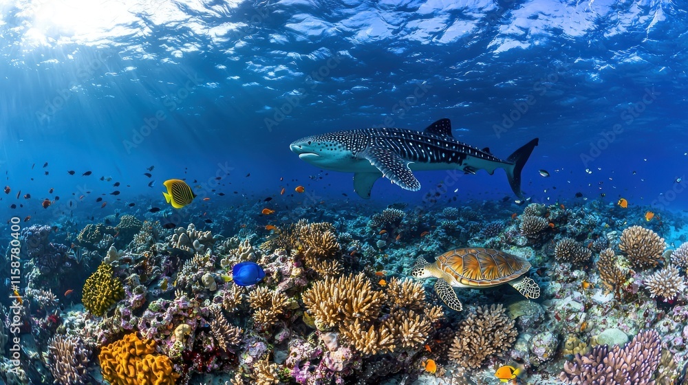 Whale shark swims over vibrant coral reef with sea turtle and fish. Whale shark swims over vibrant coral reef with sea turtle and fish.