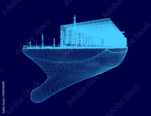 Blue ship with a blue tail is shown in a blue background. The ship is shown in a very detailed and pixelated way photo