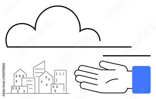 Cloud outline above cityscape, blue-sleeved hand to the right. Ideal for technology, urban planning, support, connection, sustainability, growth and innovation themes. Line metaphor