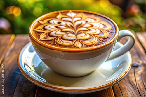 Deeply detailed latte art, sharp focus on a coffee cup. photo