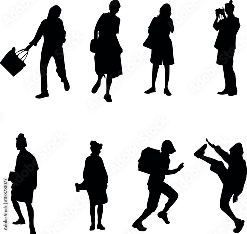 Set of 8 silhouette illustrations of travelers in dynamic poses, ideal for travel projects, posters, or design presentations. High-resolution PNG format.