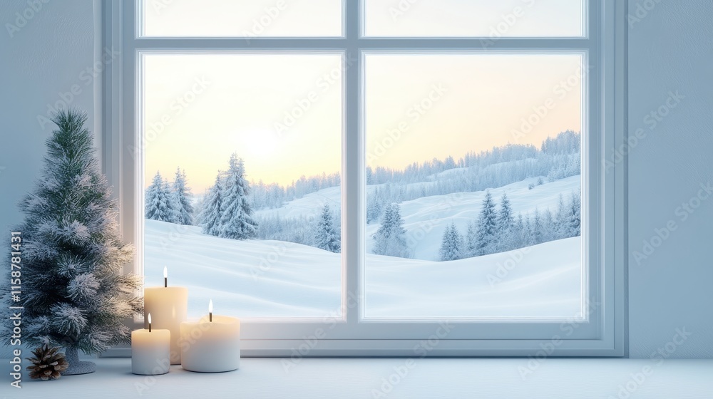 Fototapeta premium Modern residential window view of snowy background,christmas tree and gift boxes.Snowy glittering winter landscape with space for products and decorations,Happy christmas time,snowfall.