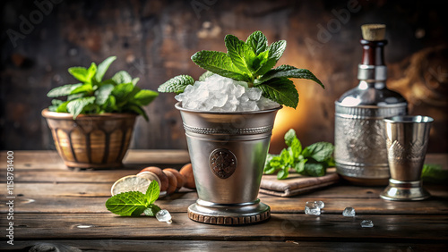 Illustration Classic Mint Julep in Frosty Silver Julep Cup with Fresh Mint on Rustic Wooden Table