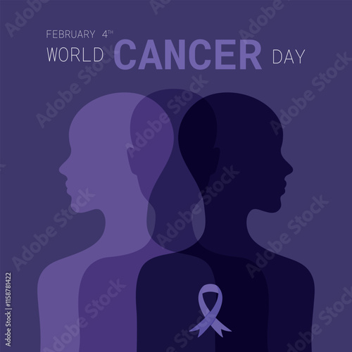 World Cancer Day February 4th. Bald people silhouettes and purple ribbon. Cancer Day. Vector illustration