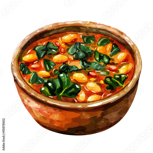 A watercolor drawing of Italian ribollita soup with beans and kale, isolated on a white background. Ribollita vector.
