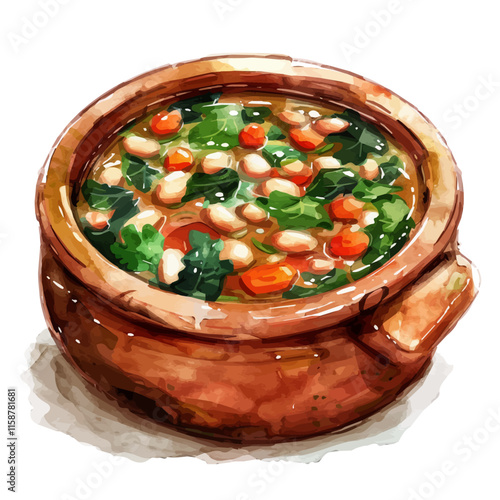 A watercolor drawing of Italian ribollita soup with beans and kale, isolated on a white background. Ribollita vector.
