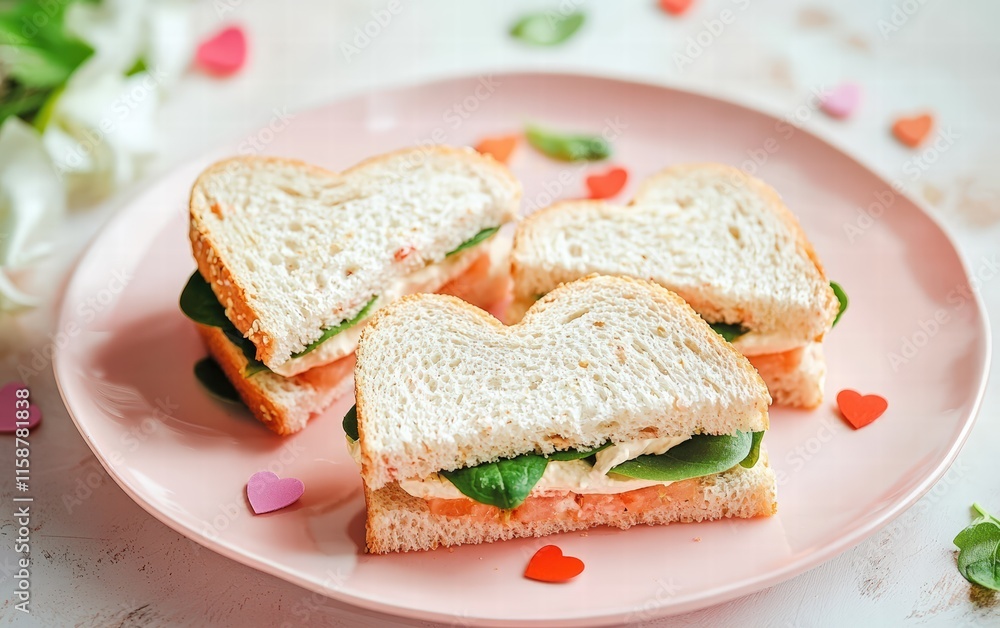 Small heart-shaped sandwiches served on a pastel pink plate for valentines day Small heart-shaped sandwiches served on a pastel pink plate for valentines day