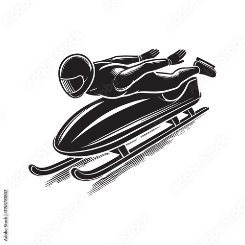 Bobsleigh Silhouette Vector Illustration, Solid White Background.