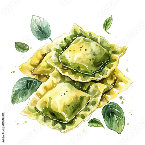 A watercolor drawing of Italian ravioli with spinach and ricotta filling, isolated on a white background. Ravioli vector.
