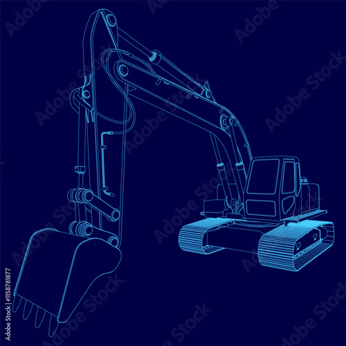 Blue drawing of a large construction machine. The drawing is of a large excavator with a large scoop on the front