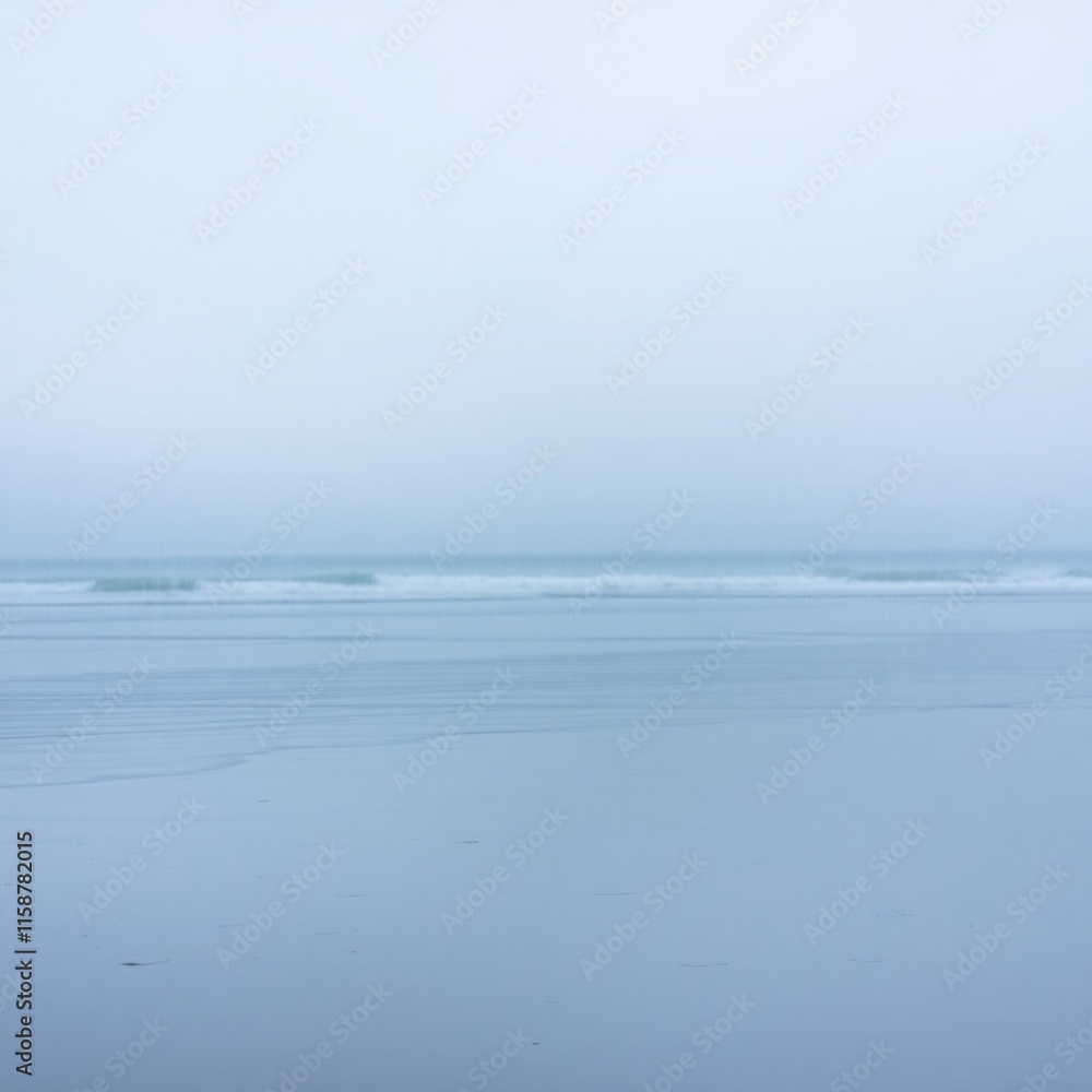 Obraz premium Smooth gradient transition depicting a wet rainy beach scene with drizzling rain, showcasing reflective surfaces and seamless color blending creating a tranquil mood