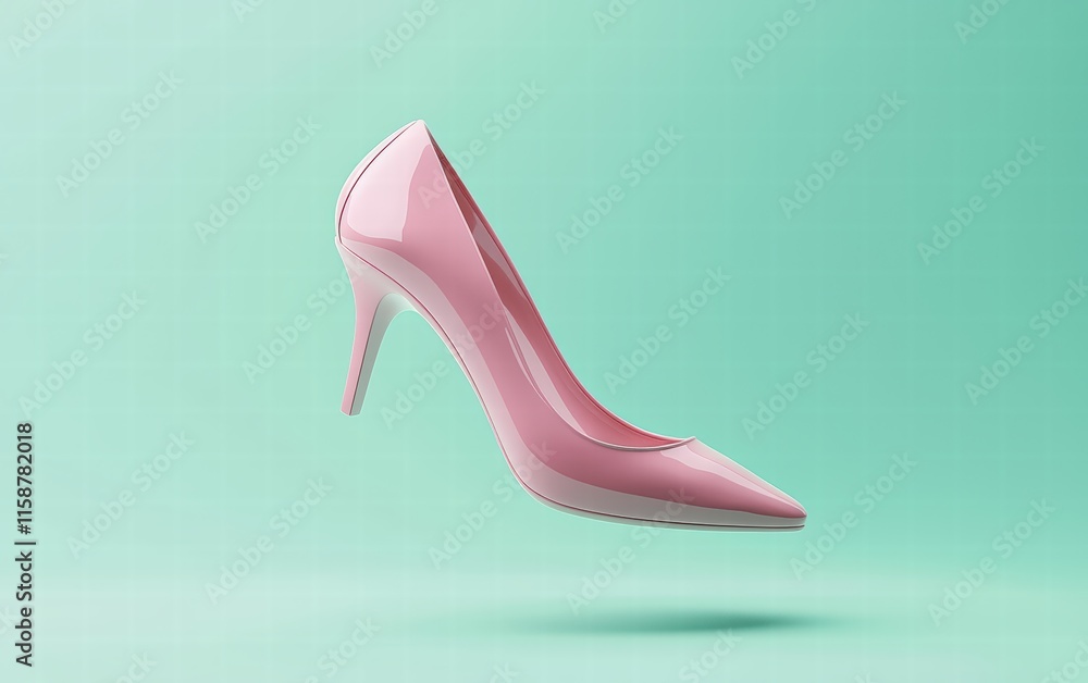 Soft pink pump floating mid-air on a delicate mint background Soft pink pump floating mid-air on a delicate mint background