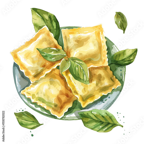 A watercolor painting of Italian ravioli with ricotta and spinach, isolated on a white background. Ravioli vector.
