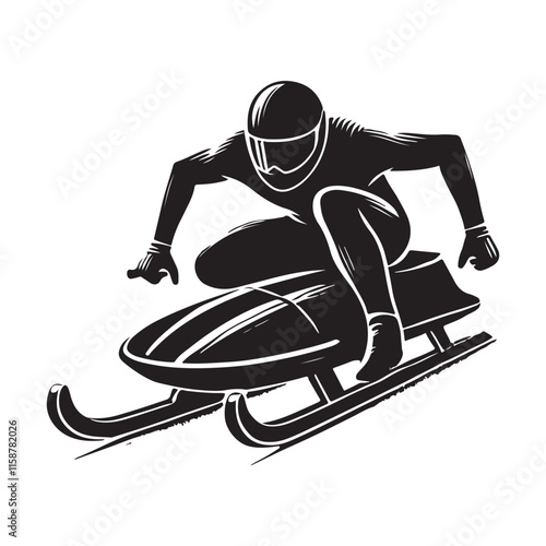 Bobsleigh Silhouette Vector Illustration, Solid White Background.