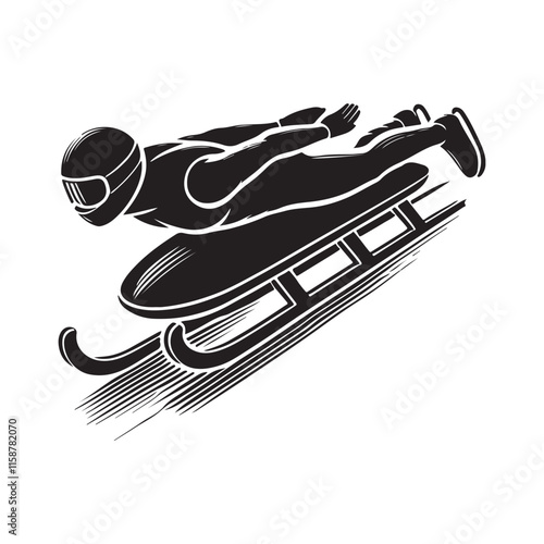 Bobsleigh Silhouette Vector Illustration, Solid White Background.