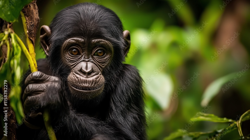 A baby chimpanzee holding onto a branch in a lush green forest, with an expressive and curious gaze.