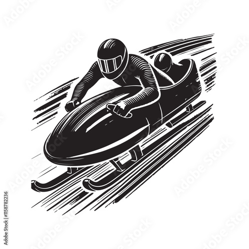 Bobsleigh Silhouette Vector Illustration, Solid White Background.