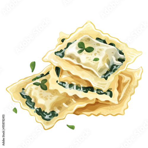 A watercolor painting of Italian ravioli with ricotta and spinach filling, isolated on a white background. Ravioli vector.
