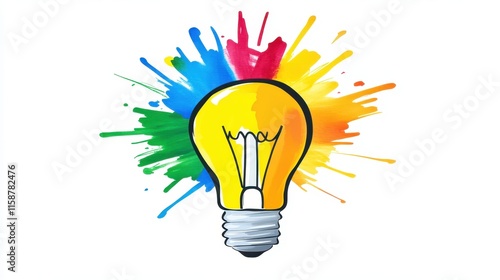 Bright Yellow Light Bulb with Splashes of Vibrant Colors on a White Background