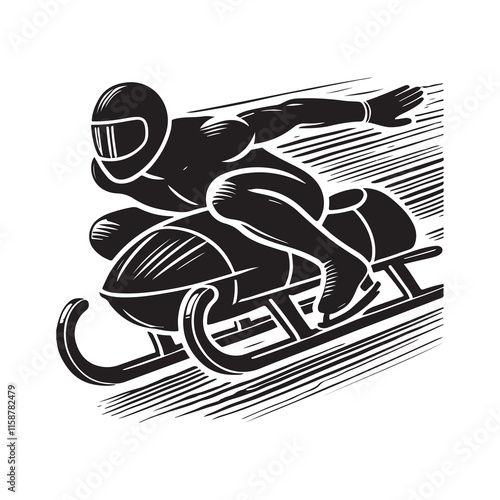 Bobsleigh Silhouette Vector Illustration, Solid White Background.