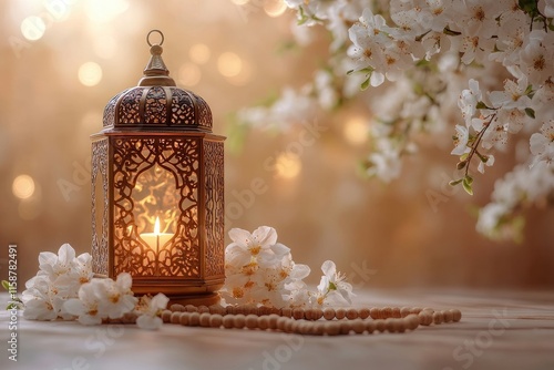 Elegant golden lantern with intricate patterns glowing warmly, surrounded by white flowers and prayer beads, set in a soft natural light background. Perfect for themes of spirituality, Ramadan, and pe photo