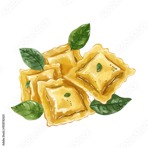 A watercolor drawing of Italian ravioli with ricotta and spinach filling, isolated on a white background. Ravioli vector.
