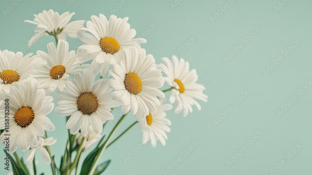 Obraz premium A bouquet of white daisies on a soft mint green background, close-up shot, Minimalist style