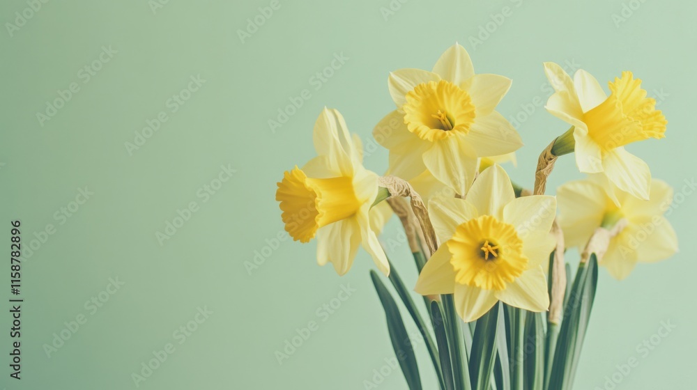 A bouquet of yellow daffodils on a light green backdrop, close-up shot, Minimalist style A bouquet of yellow daffodils on a light green backdrop, close-up shot, Minimalist style