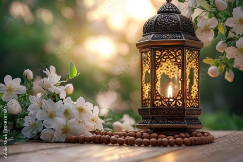 Elegant golden lantern with intricate patterns glowing warmly, surrounded by white flowers and prayer beads, set in a soft natural light background. Perfect for themes of spirituality, Ramadan, and pe photo