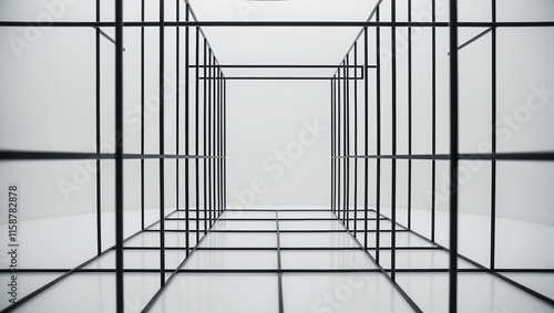 Minimalist black frame structure in a bright white space