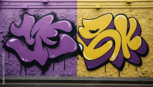 Vibrant Purple and Yellow Graffiti Mural on Urban Wall photo