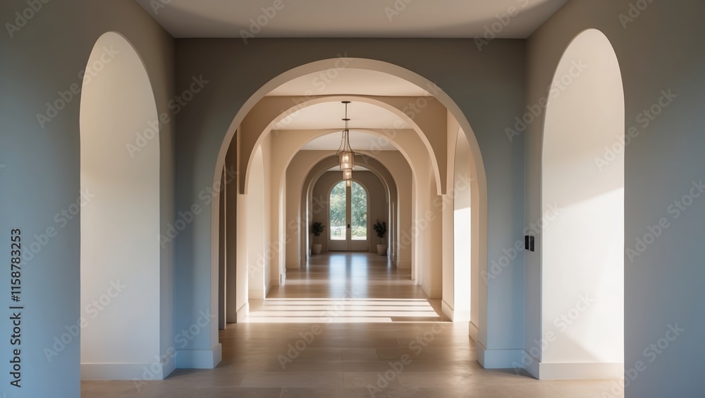 Elegant Modern Hallway with Arched Doorways and Natural Light Elegant Modern Hallway with Arched Doorways and Natural Light