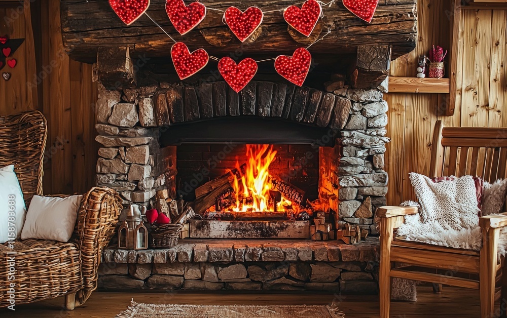 A cozy fireplace with heart garlands hanging above for valentines day A cozy fireplace with heart garlands hanging above for valentines day