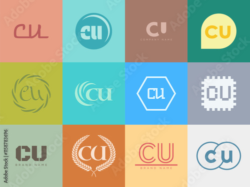 CU logo company template. Letter c and u logotype. Set different classic serif lettering and modern bold text with design elements. Initial font typography.