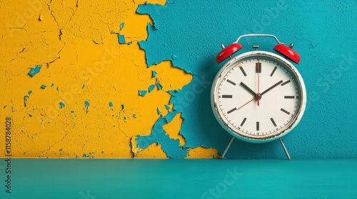 Office clock ticking loudly on a yellowed wall with peeling paint photo