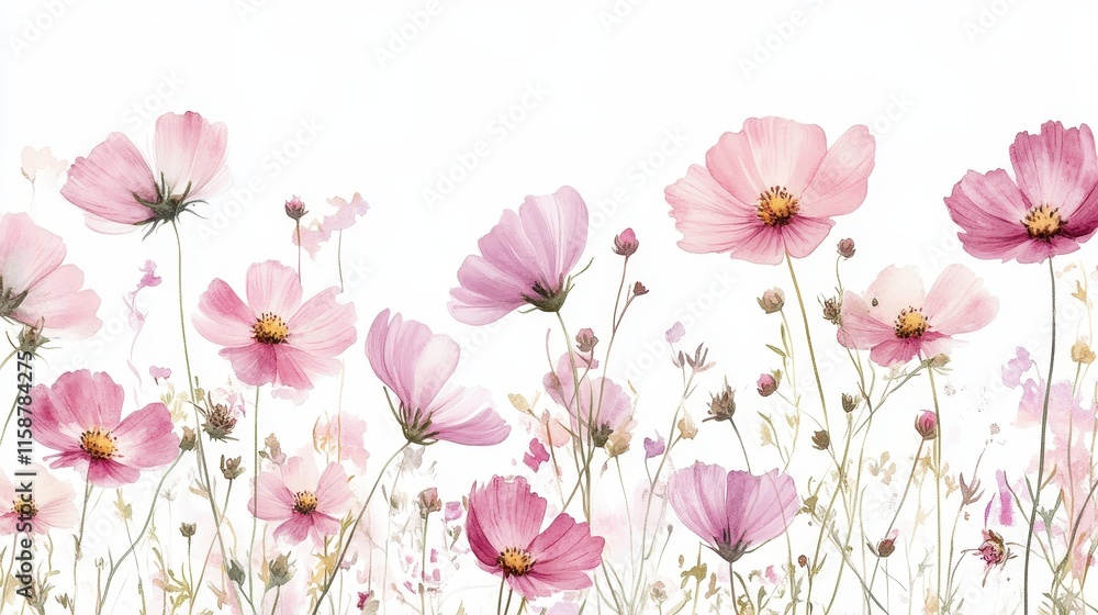 Fototapeta premium Watercolor of pink cosmos flower isolated on white background,Collection cosmea flower and leaves,wildflowers seamless pattern,soft colorful blooming flower background.