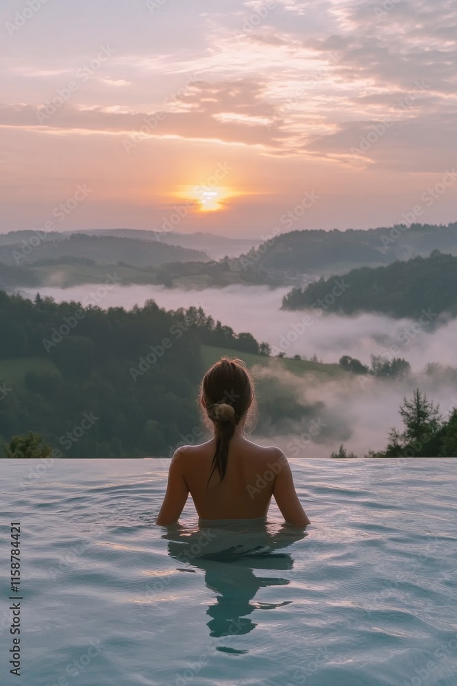 Serene Woman in Infinity Pool Enjoys Sunset over Foggy Hills, Relaxation and Wellness Concept Serene Woman in Infinity Pool Enjoys Sunset over Foggy Hills, Relaxation and Wellness Concept