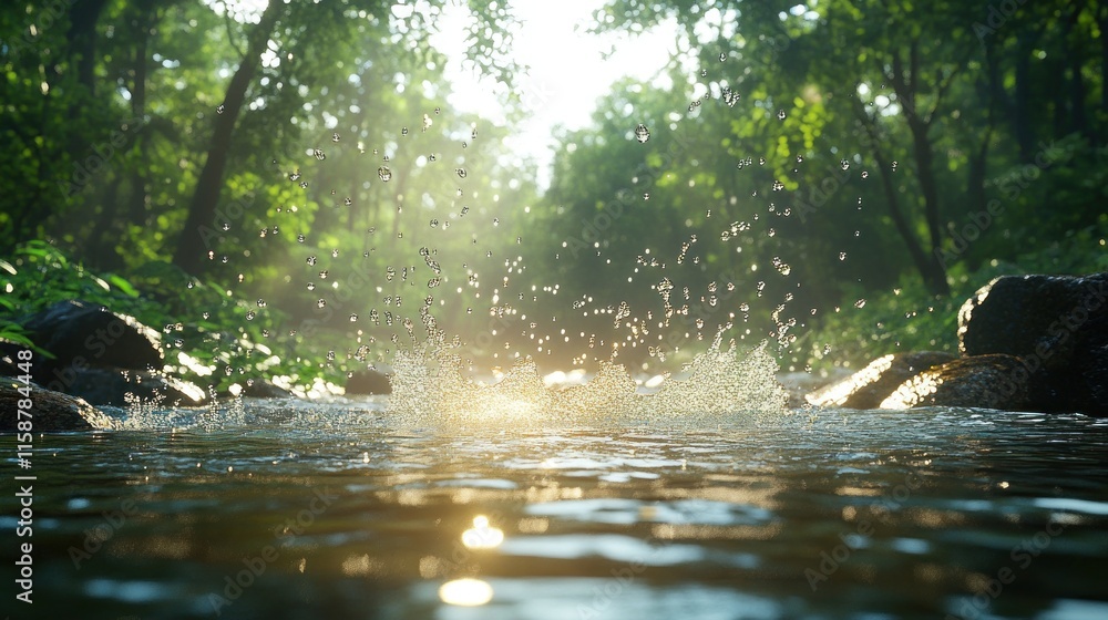 Sunlit stream, water splashing, forest. Sunlit stream, water splashing, forest.