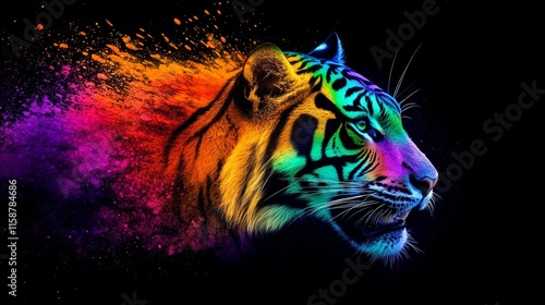 Colorful tiger artwork, vibrant animal illustration, rainbow tiger print, explosion of colors