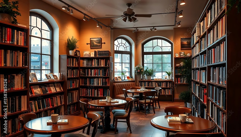 Cozy Book Cafe With Wooden Tables And Bookshelves Cozy Book Cafe With Wooden Tables And Bookshelves
