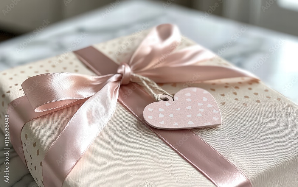 A beautifully wrapped gift with a heart-shaped tag and satin ribbon for valentines day A beautifully wrapped gift with a heart-shaped tag and satin ribbon for valentines day