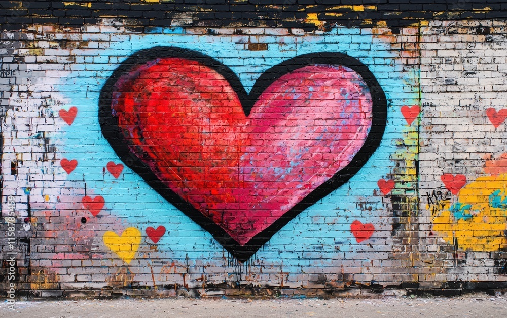 Fototapeta premium A bold graffiti-style mural of a giant heart on a brick wall for valentines day