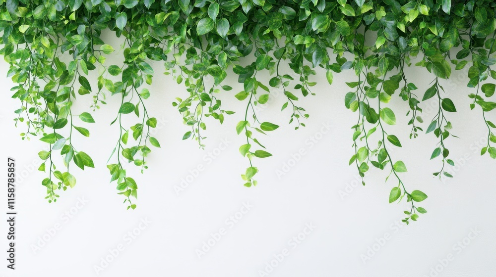 Lush Green Hanging Vines Against a White Background in a Minimalist Setting Lush Green Hanging Vines Against a White Background in a Minimalist Setting