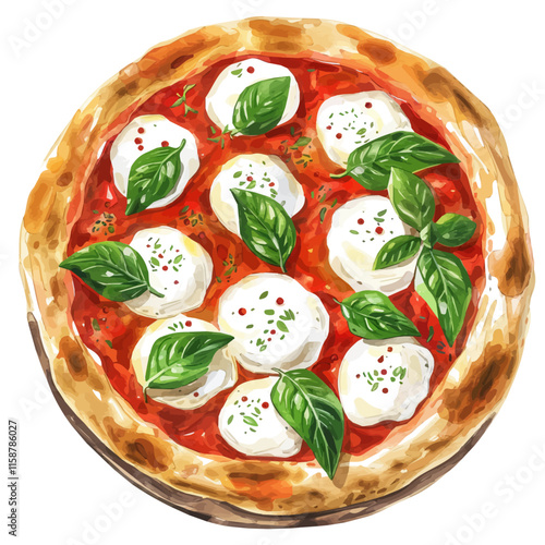 A watercolor drawing of Italian pizza margherita with mozzarella and basil, isolated on a white background. Pizza vector.
