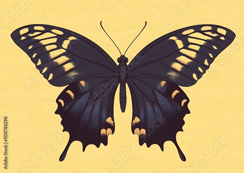 Detailed illustration of a black and yellow butterfly with textured wings against a pale yellow background. photo