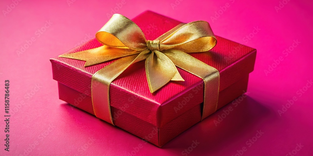 Fototapeta premium Macro view: gold ribbon tied red gift box.