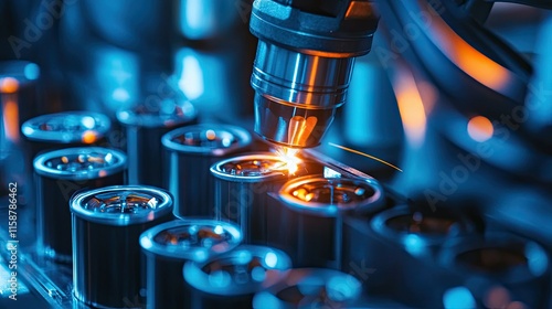 Close-up of a laser welding process sealing lithium-ion battery casings with high precision.