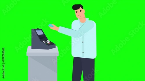 Scanning card with payment verification concept in men flat art green screen animation 4k.