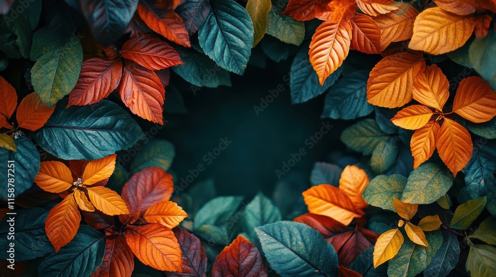 Vibrant Autumn Leaves in Harmonious Display with Deep Green Background Vibrant Autumn Leaves in Harmonious Display with Deep Green Background