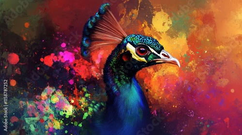 Colorful peacock head, vibrant splashes background, artistic bird portrait, multicolored feathers, eye-catching design photo